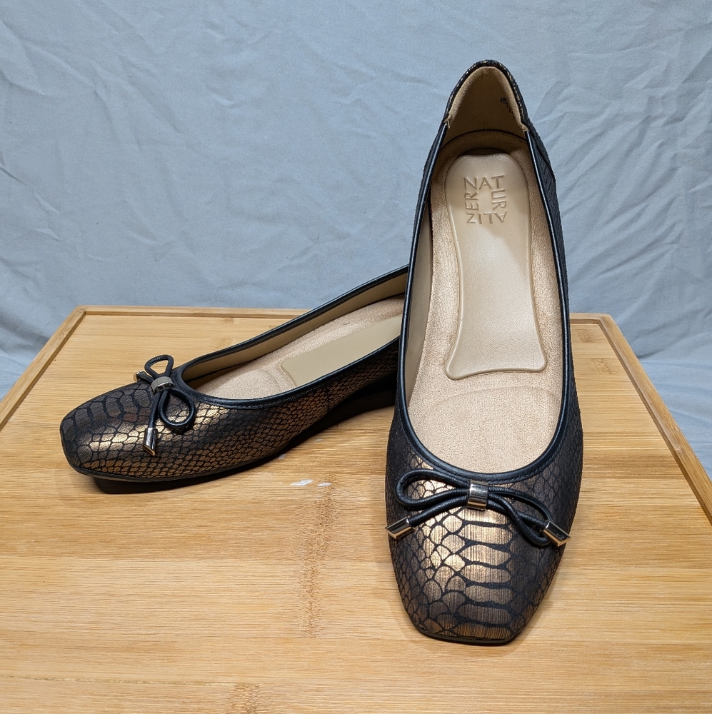 Naturalizer Dove Wedge Ballet Flats, Black/Bronze Scale Pattern Flats Sz 11N